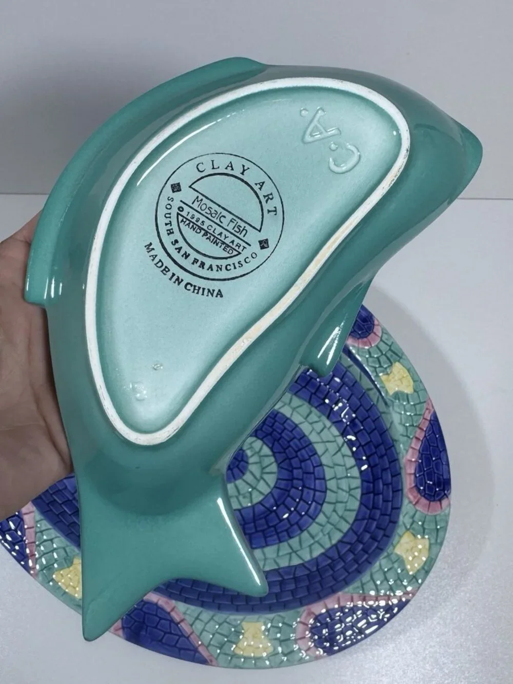 Vintage CLAY ART Kitschy MOSAIC Tile FISH PLATTER AND DIP SET BRIGHT COLORS 1995